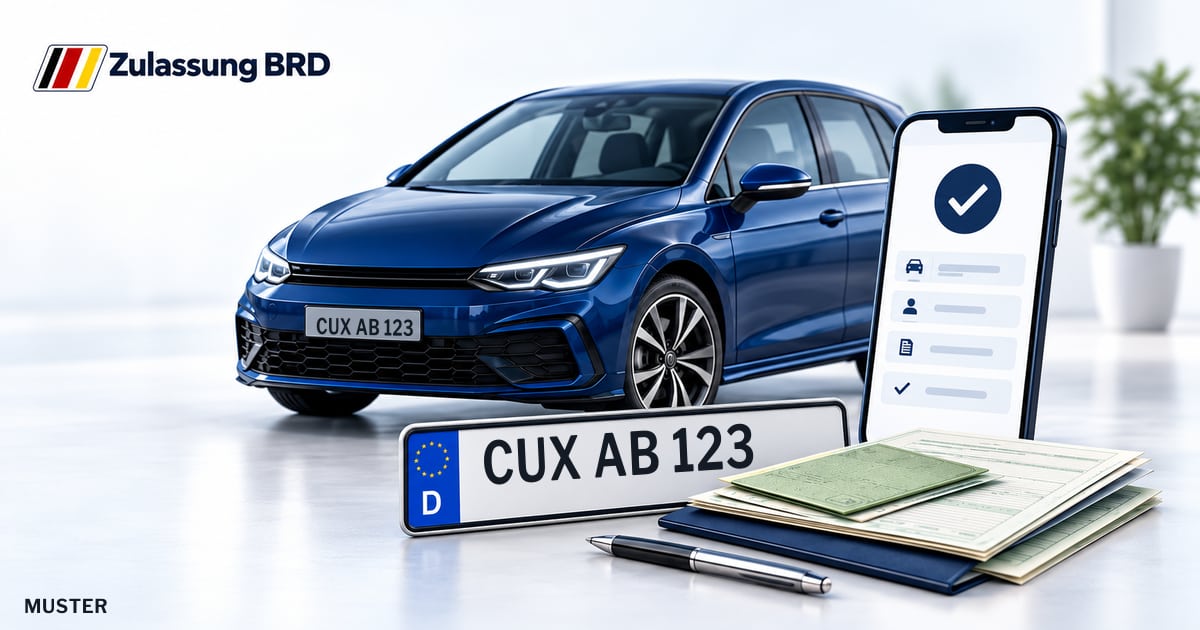 Online Fahrzeugzulassung in Landkreis Cuxhaven: Musterkennzeichen CUX AB 123, Auto und Fahrzeugpapiere und Smartphone. Illustration mit Logo von Zulassung BRD.